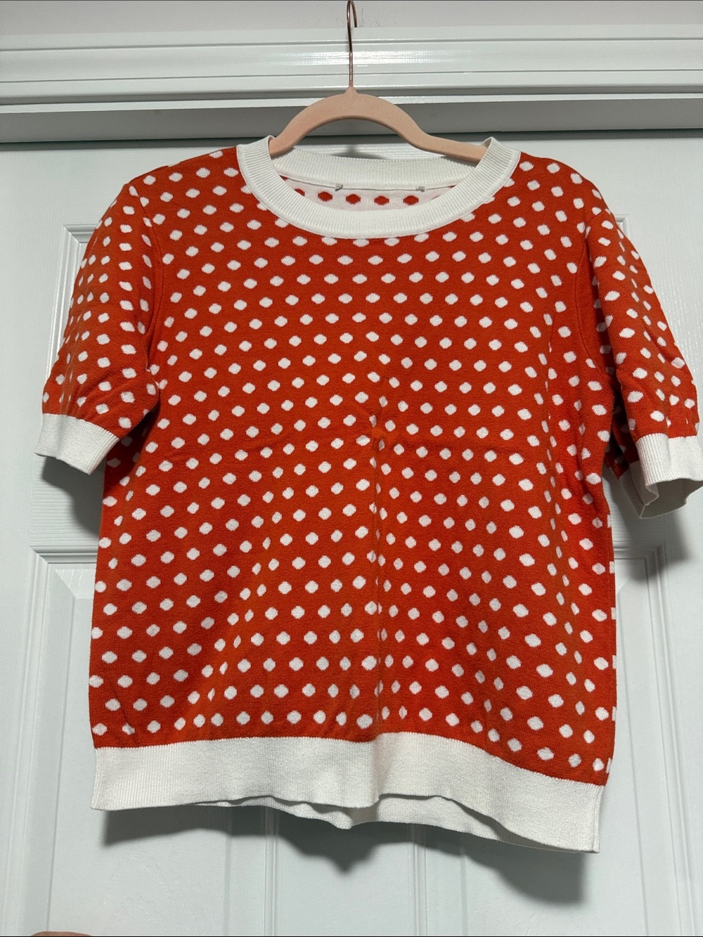 LOFT Orange & White Polka Dot Short Sleeve Sweater